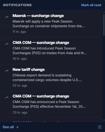 Pulse notifications panel listing carrier surcharge changes